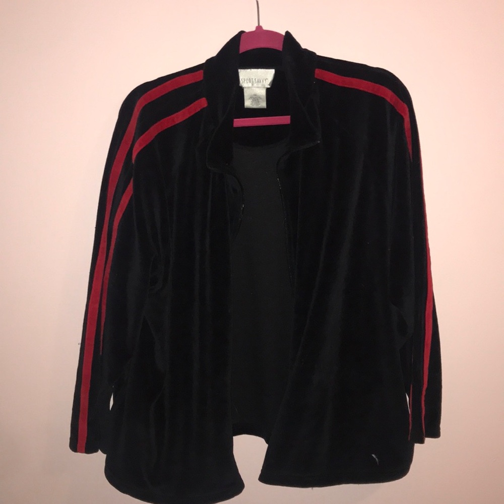 Black velvet zip up jacket with red stripes